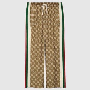 size M Gucci Women GG Cropped Track Pants Tear Away Buttons Web Beige Brown